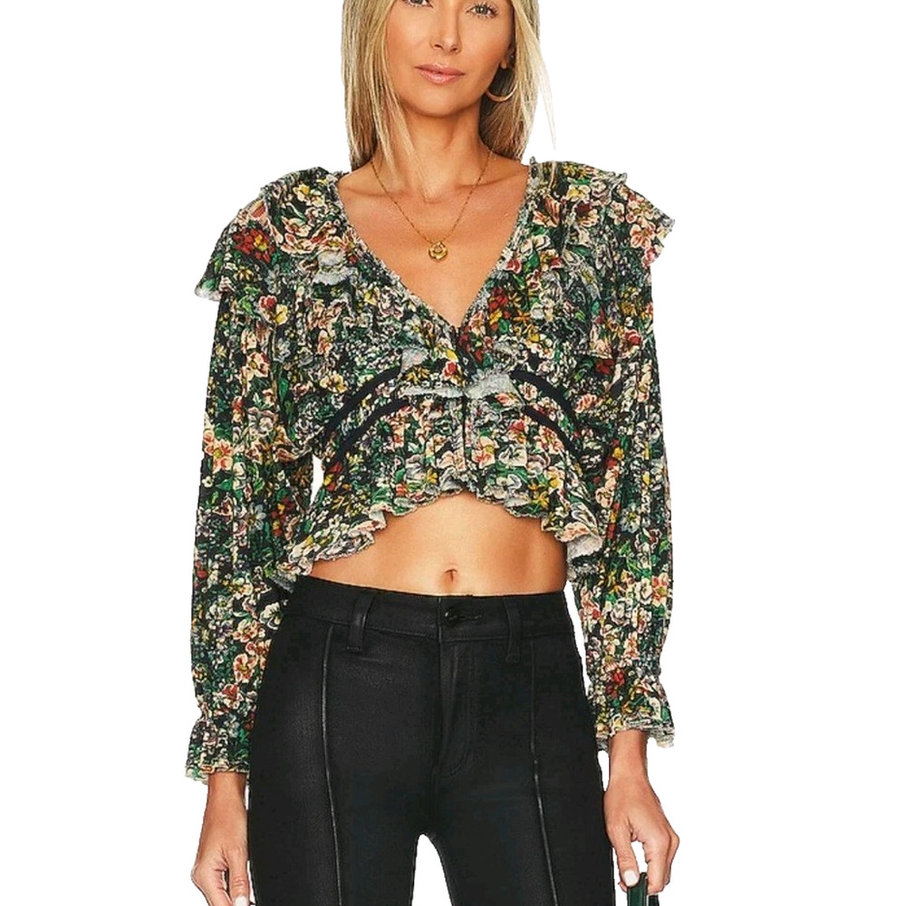 Free‎ People Rudi Ruffle Top Womens Small Floral Cropped Peplum Cotton V-neck